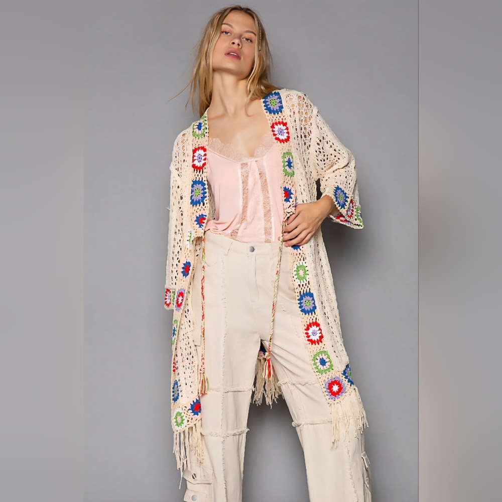 POL Granny Square Oversized Fringe Cardigan
